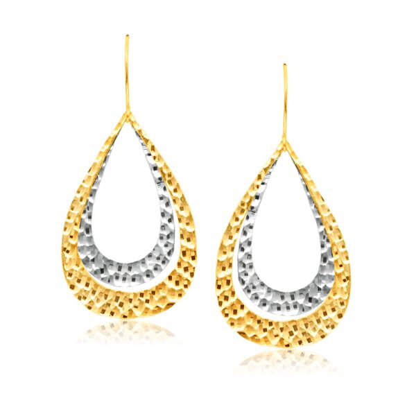 14K Two Tone Gold Textured Open Graduated Teardrop Shape Earrings