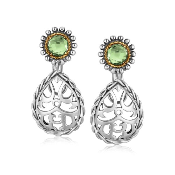 18K Yellow Gold and Sterling Silver Green Amethyst Embellished Drop Earrings