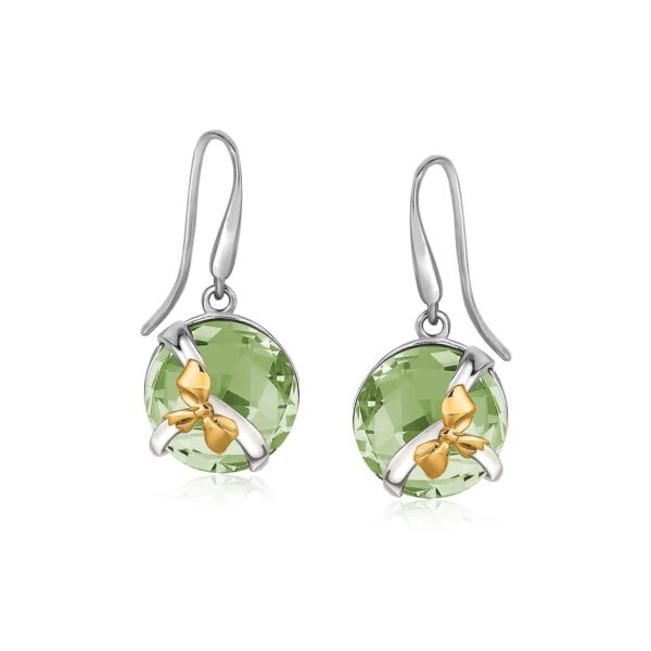 18K Yellow Gold and Sterling Silve Earrings with Bow and Round Green Amethysts