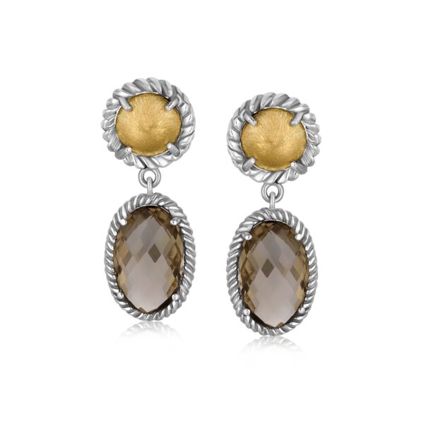 18K Yellow Gold and Sterling Silver Earrings with Round Motifs and Smokey Quartz