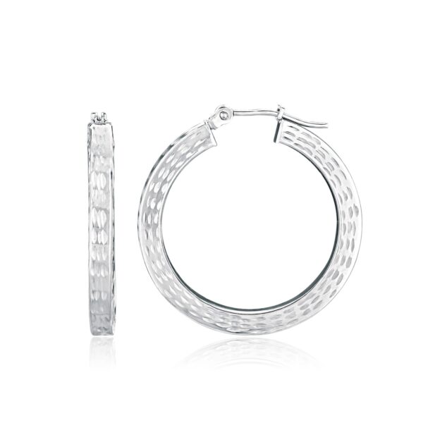 14K White Gold Flat Hoop Earrings with Diamond-Cut Finish