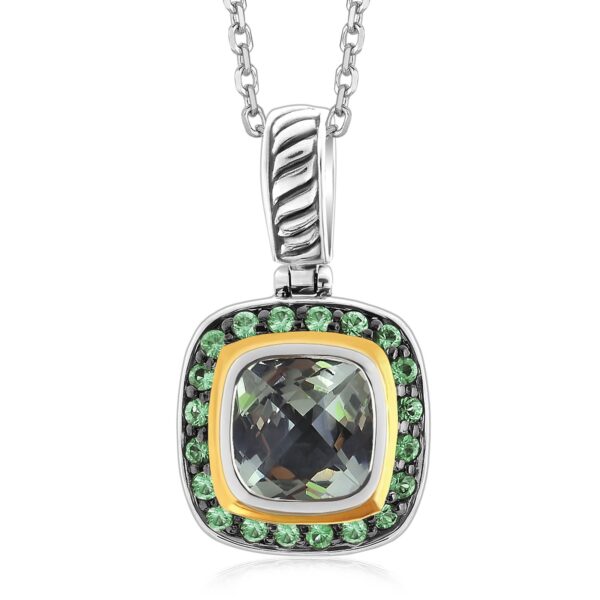 18K Yellow Gold and Sterling Silver Tsavorite and Green Amethyst Pendant