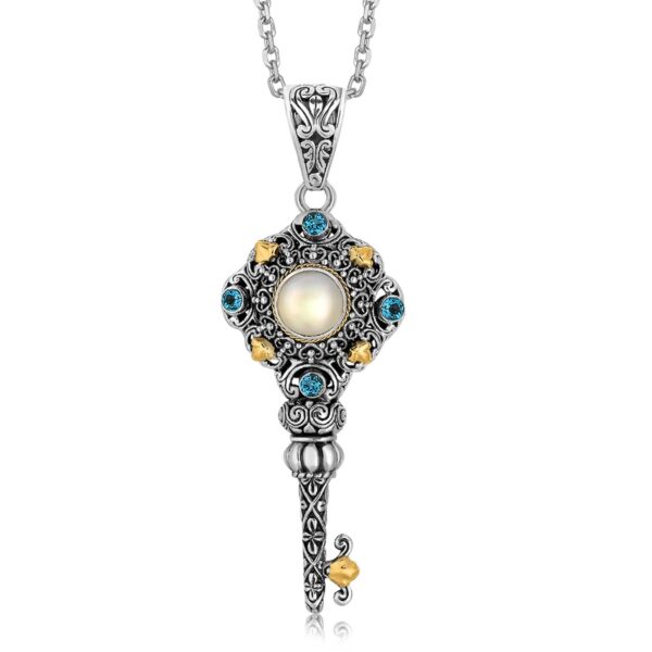 18K Yellow Gold and Sterling Silver Blue Topaz and Pearl Key Style Pendant