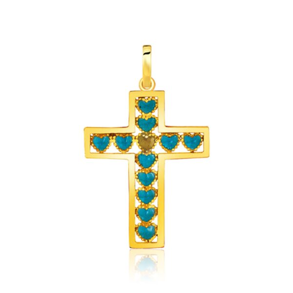 14K Yellow Gold Green Heart Cross Pendant