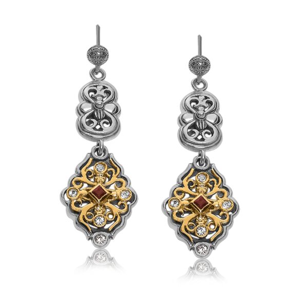 18K Yellow Gold and Sterling Silver Filigree Style Open Oval Dangling Earrings