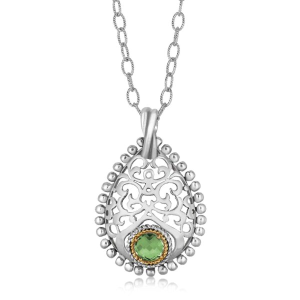 18K Yellow Gold and Sterling Silver Pendant with Round Green Amethyst