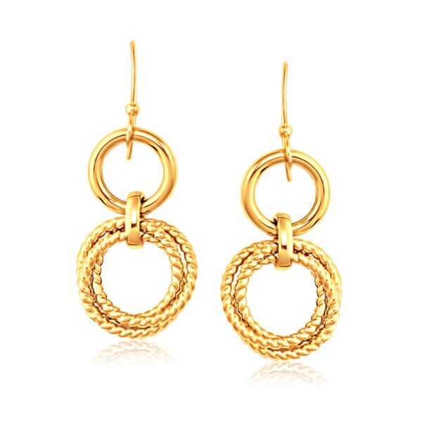 14k Yellow Gold Two-Layer Earrings with Polished and Textured Round Motifs