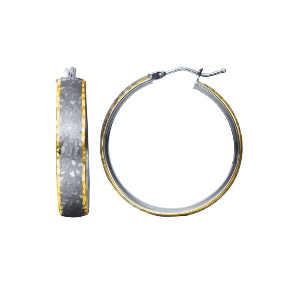 14K Two Tone Gold Satin Gray Hoop Earrings (1 inch Diameter)