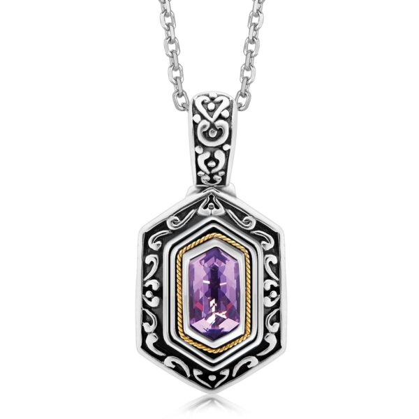 18K Yellow Gold and Sterling Silver Antique Inspired Hexagon Amethyst Pendant