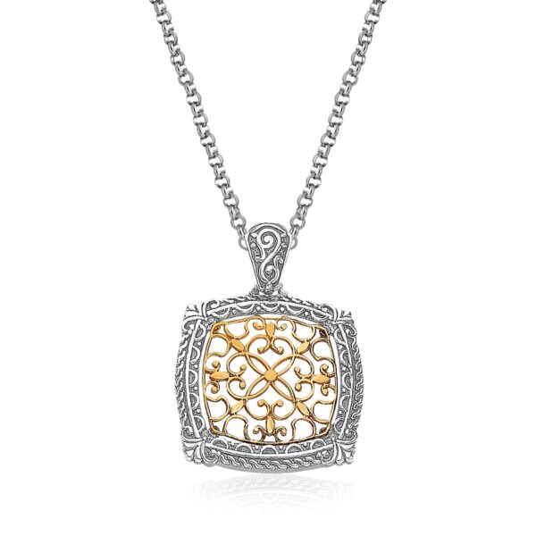 14K Yellow Gold and Sterling Silver Antique Inspired Necklace with a Square Filigree Pendant