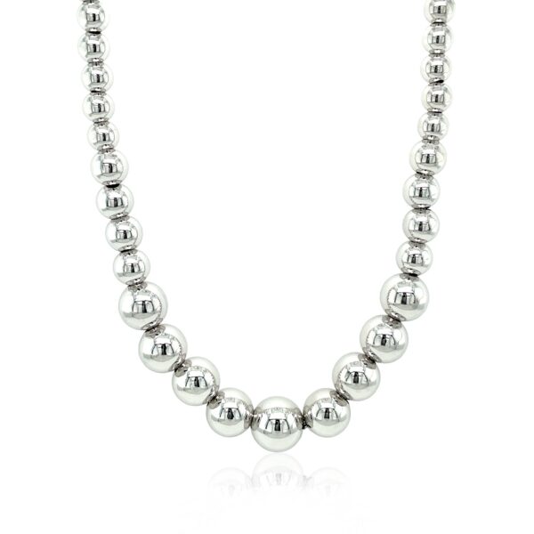 Sterling Silver Rhodium Plated Graduated Motif Polished Bead Necklace - Image 2