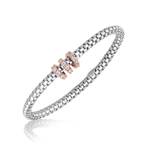 Sterling Silver Rhodium Plated Mesh Motif Bangle with Crystal Studded Stations