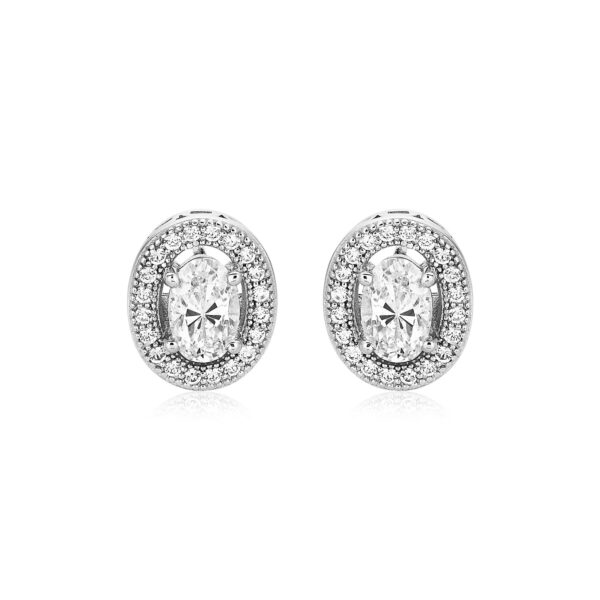 Sterling Silver Beaded Oval Bezel Set Cubic Zirconia Earrings