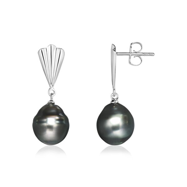 Sterling Silver Fan Motif Earrings with Black Pearls