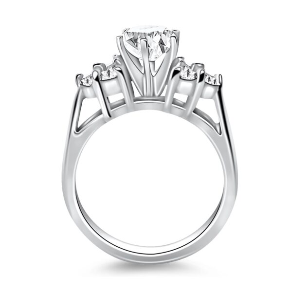 14k White Gold Cathedral Engagement Ring with Side Diamond Clusters - Image 2