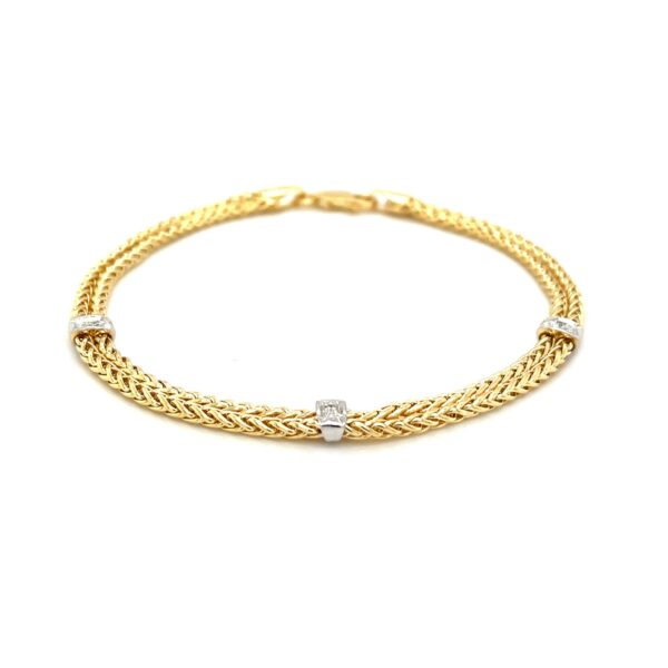 14k Two-Tone Gold Dual Wheat Chain Bracelet with Diamond Stations (.02 cttw) - Image 2