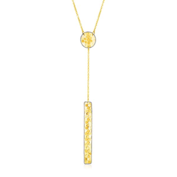 14k Two Tone Gold Lariat Necklace with Textured Circle and Bar