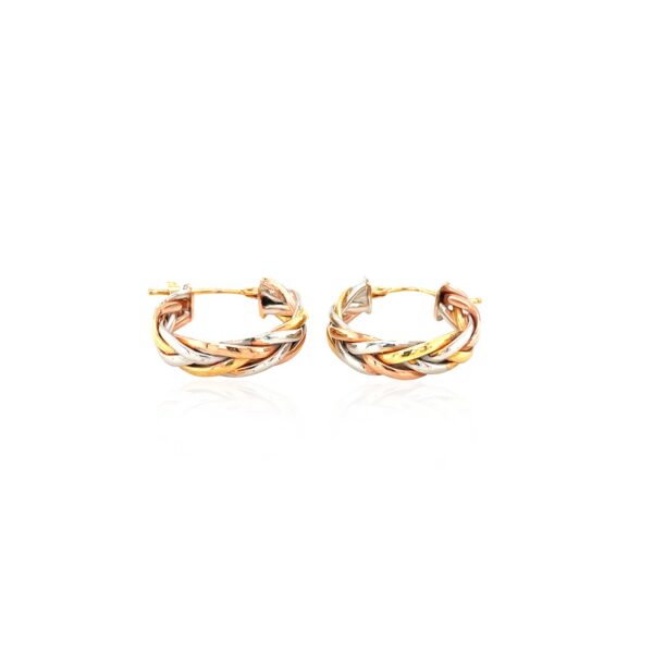 14k Tri Color Gold Three Toned Braided Hoop Earrings - Image 3