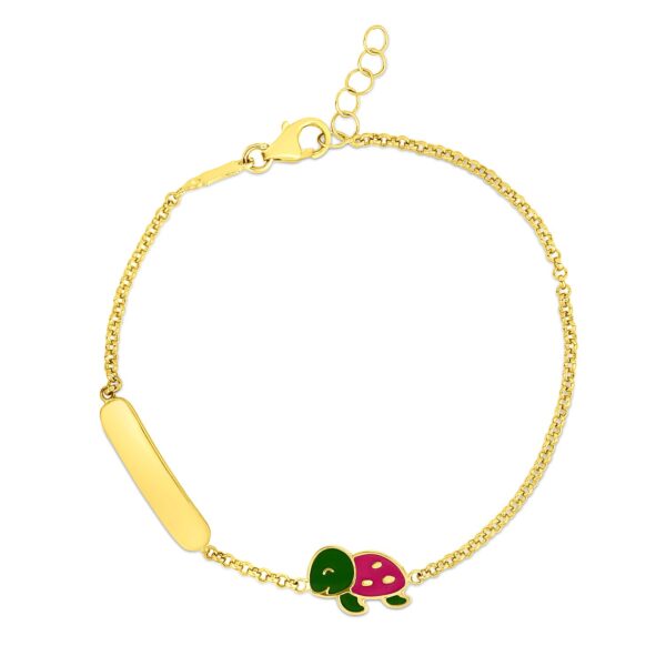 14k Yellow Gold Childrens Bracelet with Bar and Enameled Turtle - Image 2