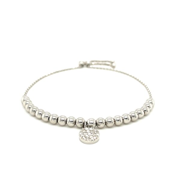 Adjustable Bead Bracelet with Round Charm and Cubic Zirconias in Sterling Silver - Image 2