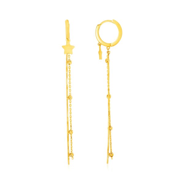 14k Yellow Gold Huggie Style Hoop Earrings with Star and Long Chain Drops