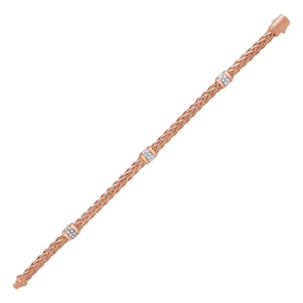 Polished Woven Rope Bracelet with Diamond Accents in 14k Rose Gold