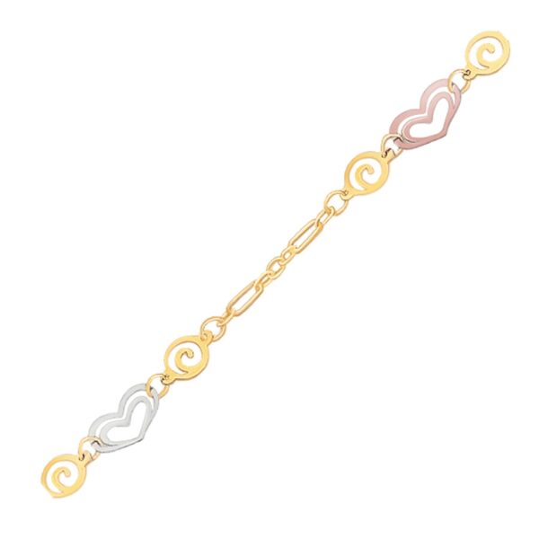 14k Tri-Color Gold Anklet with Multi Color Heart Stations - Image 2