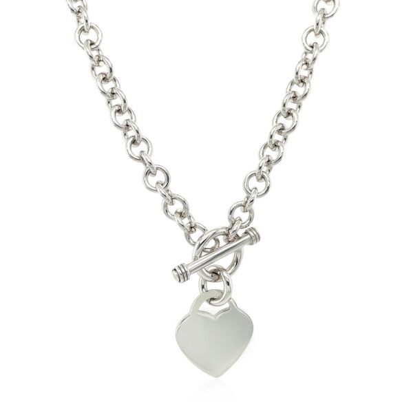 Sterling Silver Rhodium Plated Rolo Chain Necklace with a Heart Toggle Charm - Image 2