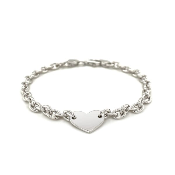 Sterling Silver Rhodium Plated Chain Bracelet with a Flat Heart Station - Image 2