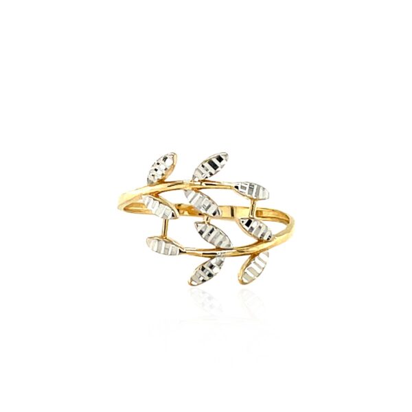 14k Two Tone Gold Crossover Ring with Textured Leaves - Image 2