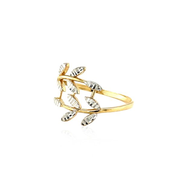 14k Two Tone Gold Crossover Ring with Textured Leaves - Image 3