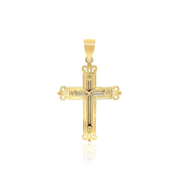 14k Two-Tone Gold Cross Pendant with an Ornate Budded Style - Image 2