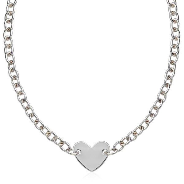 Sterling Silver Rhodium Plated Chain Bracelet with a Flat Heart Motif Station