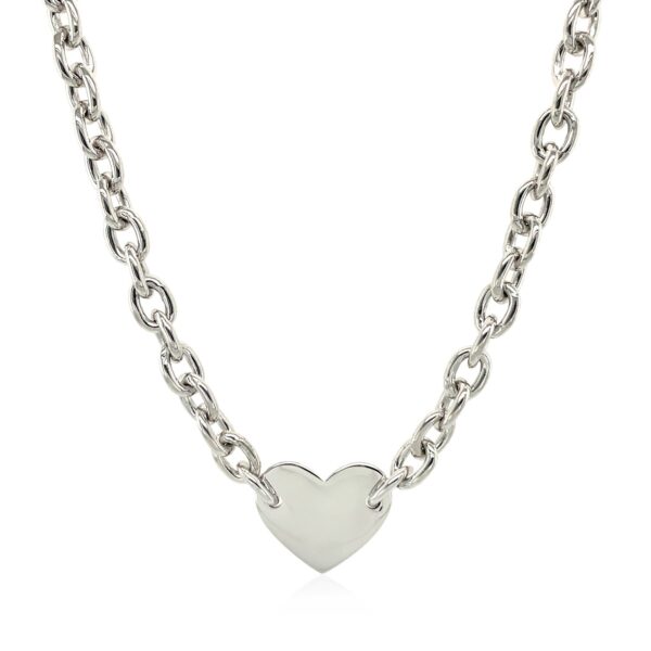 Sterling Silver Rhodium Plated Chain Bracelet with a Flat Heart Motif Station - Image 2