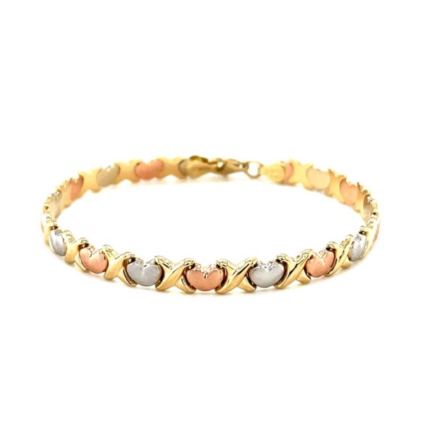 14k Tri-Color Gold Fancy Satin Heart Line Bracelet - Image 2