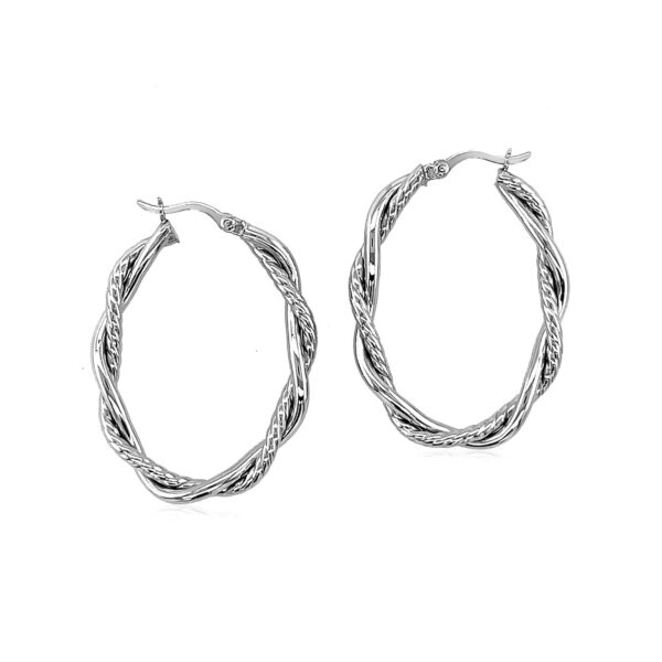 Sterling Silver Oval Hoop Braided Diamond Cut Earrings - Image 2