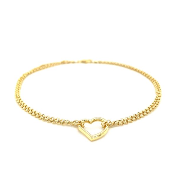 14k Yellow Gold Double Rolo Chain Anklet with an Open Heart Station - Image 2