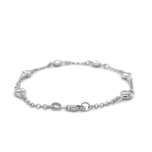 14k White Gold Rolo Chain Bracelet with Puffed Heart Stations - Image 2