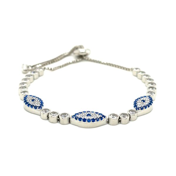 Sterling Silver Adjustable Enameled Evil Eye Bracelet with Cubic Zirconias - Image 2