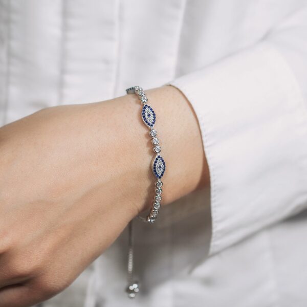 Sterling Silver Adjustable Enameled Evil Eye Bracelet with Cubic Zirconias - Image 4