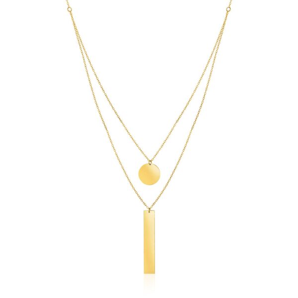 14k Yellow Gold 18 inch Two Strand Necklace with Circle and Bar Pendants