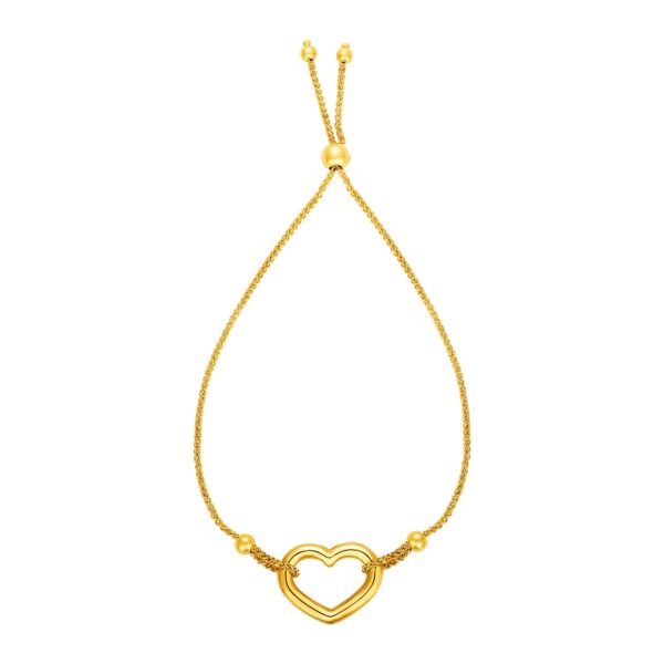 Adjustable Bracelet with Shiny Open Heart in 14k Yellow Gold