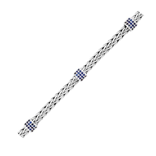 Sterling Silver Woven Bracelet with Blue Sapphire Stations - Image 2