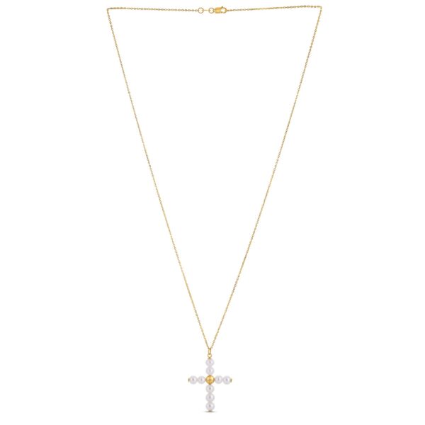 14k Yellow Gold Pearl Cross Pendant - Image 2