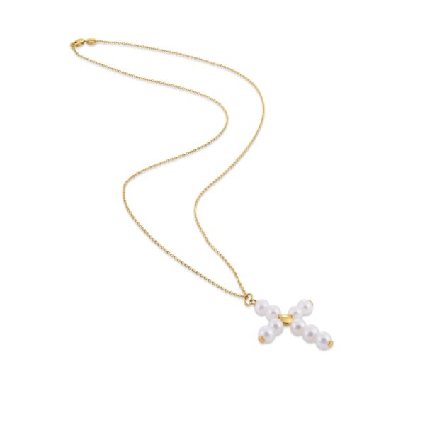 14k Yellow Gold Pearl Cross Pendant - Image 3