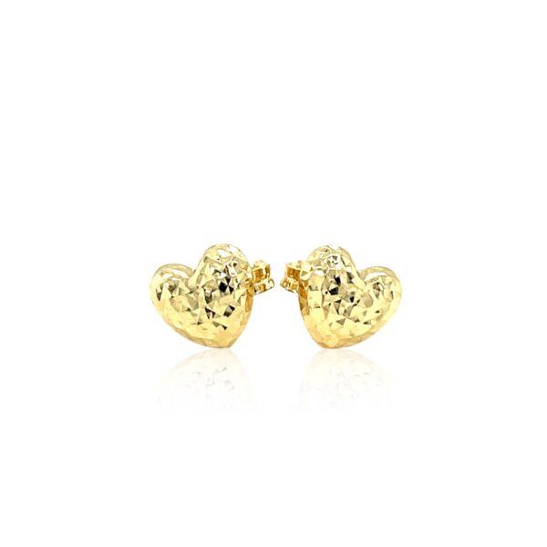 14k Yellow Gold Puffed Heart Earrings with Diamond Cuts - Image 2