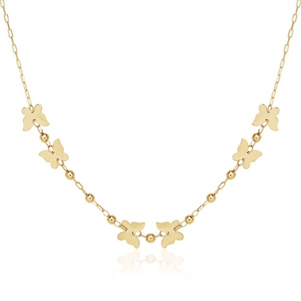 14k Yellow Gold 18 inch Necklace with Polished Butterflies and Beads