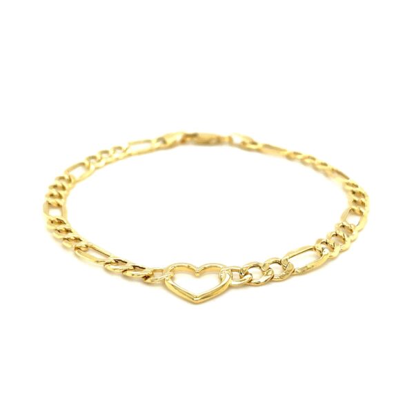 14k Yellow Gold 7 inch Figaro Chain Bracelet with Heart - Image 2