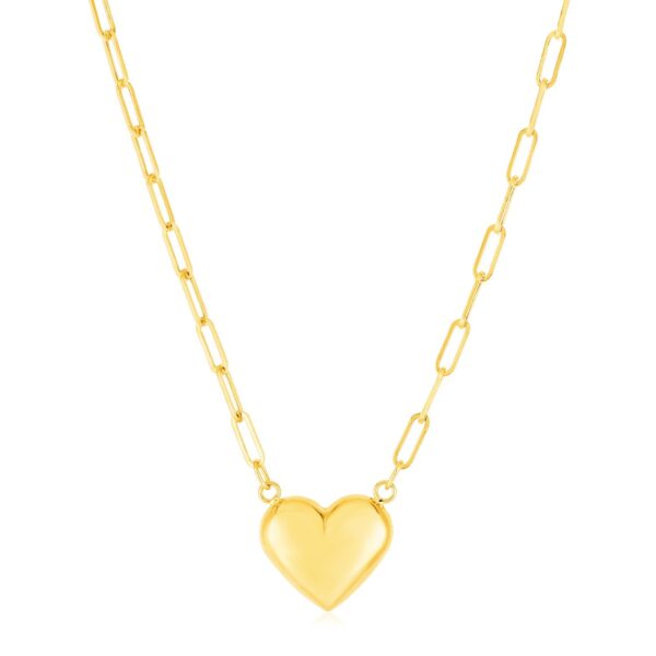 14k Yellow Gold Paperclip Chain Necklace with Puffed Heart