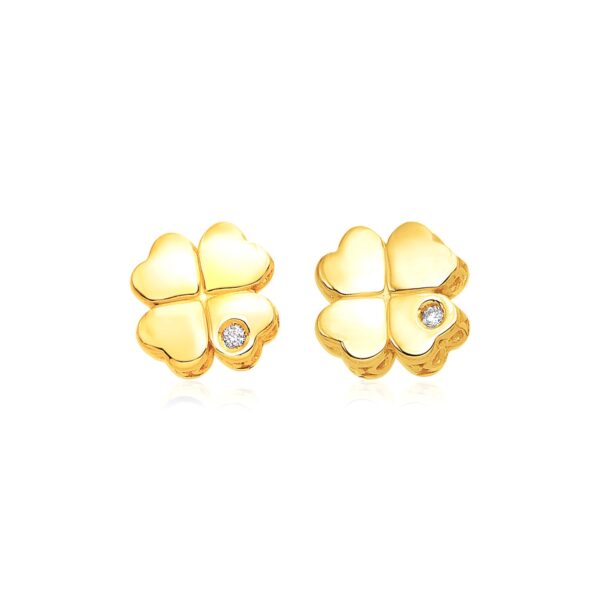 14k Yellow Gold Polished Four Leaf Clover Earrings with Diamonds